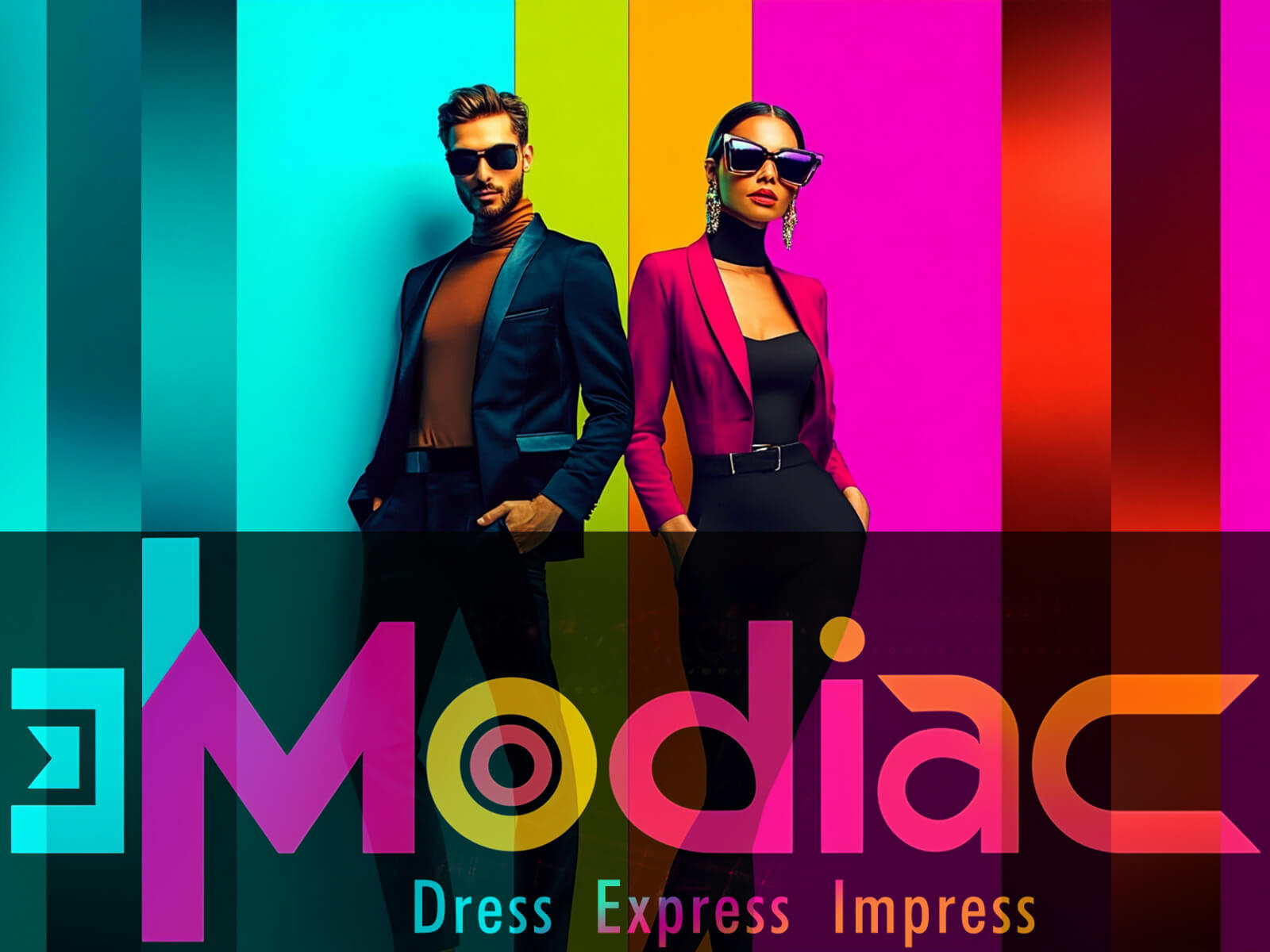 Modiac brand artwork featuring two fashion figures against vibrant teal, pink and gold panels
