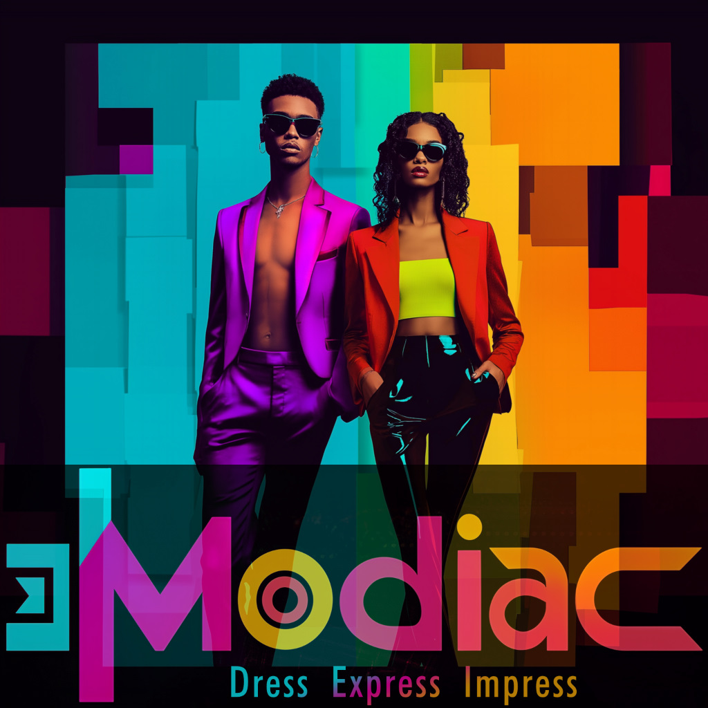 Modiac fashion artwork with two figures in purple and orange outfits against teal and gold panels